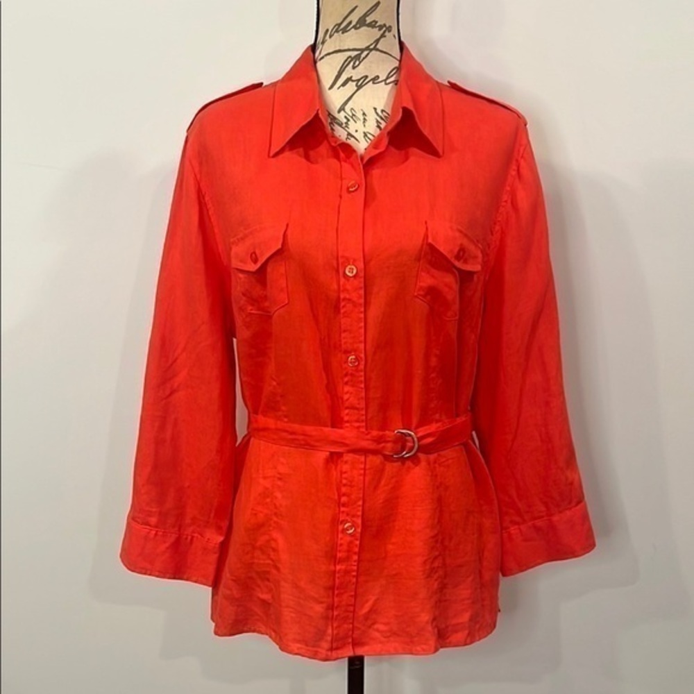 Chaus organic linen button front belted shirt top L
